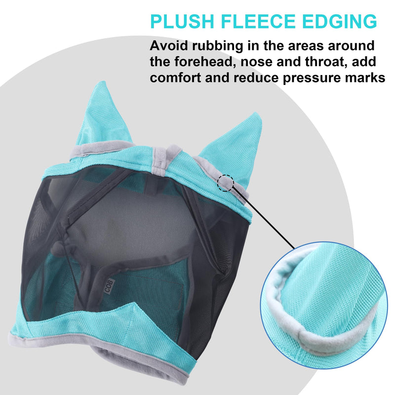 Horse Fly Mask with Ears, Equine Mesh Mask with UV Protection Face Cover, Turquoise, Full Full (Large)