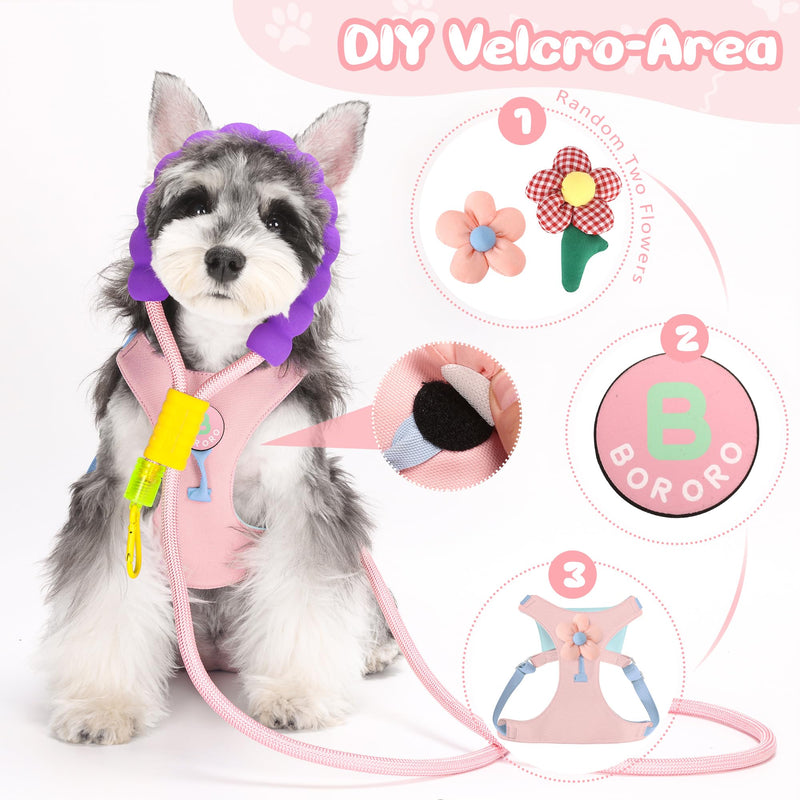 Dog Harness and Leash Set with 2 Flower Patches, No Pull Adjustable Puppy Harness, Step in No Chock Dog Vest for Small Medium Dogs Puppy and Cats(Pink, M) M(9.9-19.8) Pink - PawsPlanet Australia