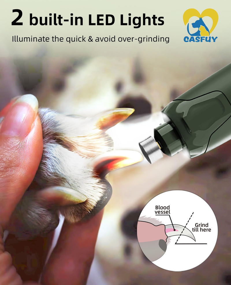 Casfuy Dog Nail Grinder Quiet - (45db) 6-Speed Pet Nail Grinder with 2 LED Lights for Large Medium Small Dogs/Cats, Professional 3 Ports Rechargeable Electric Dog Nail Trimmer with Dust Cap Armygreen