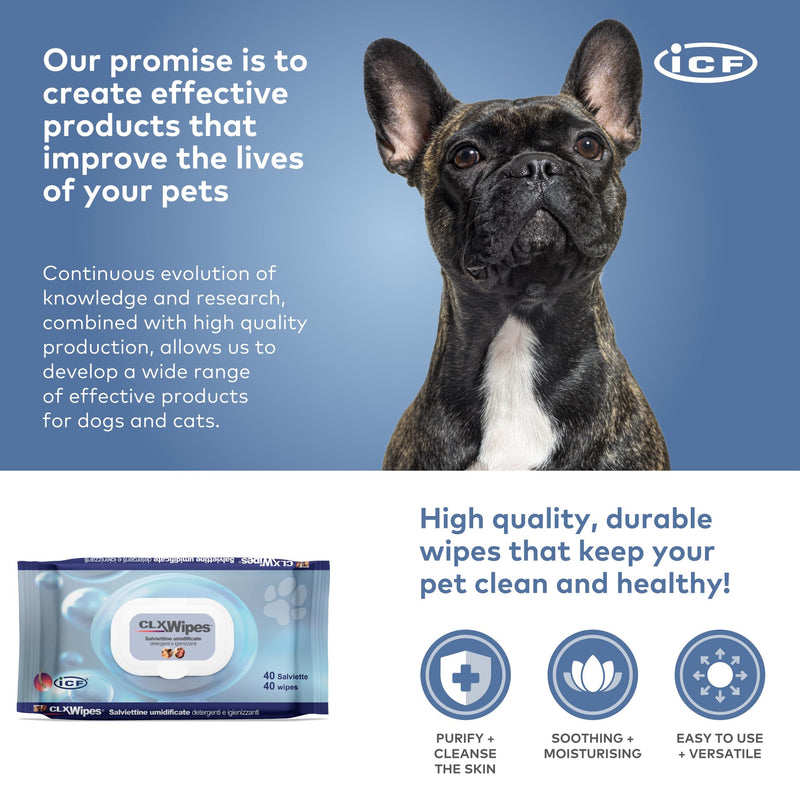 ICF | CLX Cat & Dog Wipes | Antibacterial & Antifungal Cleansing Wipes for Paws, Skin Folds & Ears | Supports Healthy Skin & Odor Control | 40 Count - PawsPlanet Australia