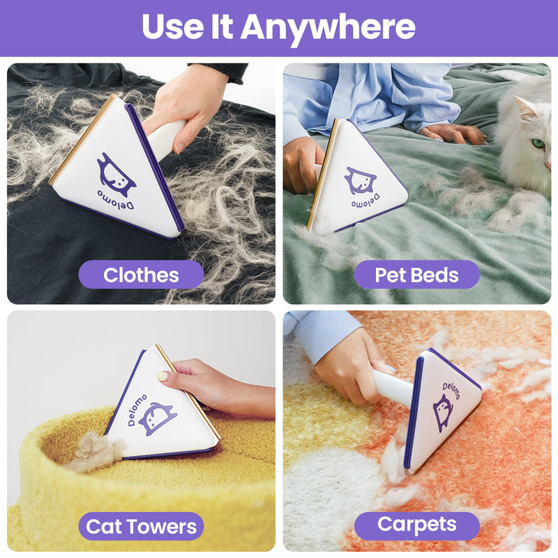 Multi-Use Pet Hair Removal Tool: DELOMO Handheld Fur Rake Scraper – Metal Side for Deep Cleaning on Carpets, Rugs & Car Mats, and Rubber Side for Gentle Cleaning on Couches – Ideal for Pet Homes A: Purple