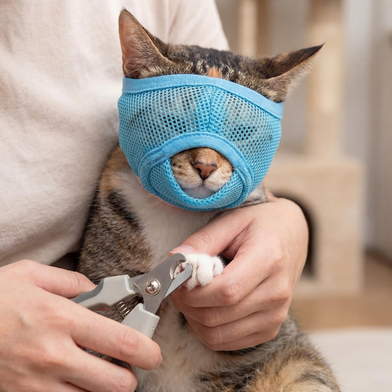 PUMYPOREITY 2 Pack Cat Calming Muzzle, Soft Breathable Mesh Cat Head Cover with Adjustable Strap, Calming & Anti-Bite Design for Grooming, Nail Trimming, Bathing and Vet Visits, S, Blue Small