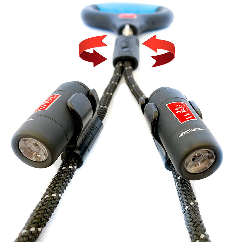 WIGZI 2 Dog Leash Automatically Untangles with 360° Spin, Gel Handle - Reflective Rope. Optional LEDs Light UP to 25 FEET. Universal Size All Dogs, Black, Med/Lrg Size with 2 Rechargeable Lights Medium/Large Size 2 LEDs - PawsPlanet Australia