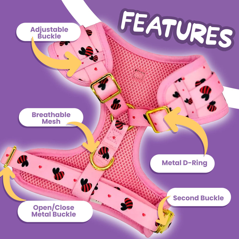 Medium Dog Harness and Leash Set – No Pull Harness, Leash, Collar & Poop Bag Holder – Matching Set with Gold Hardware – Breathable, Adjustable, Stylish, and Comfortable for Daily Walks - Pink Bees Medium - PawsPlanet Australia