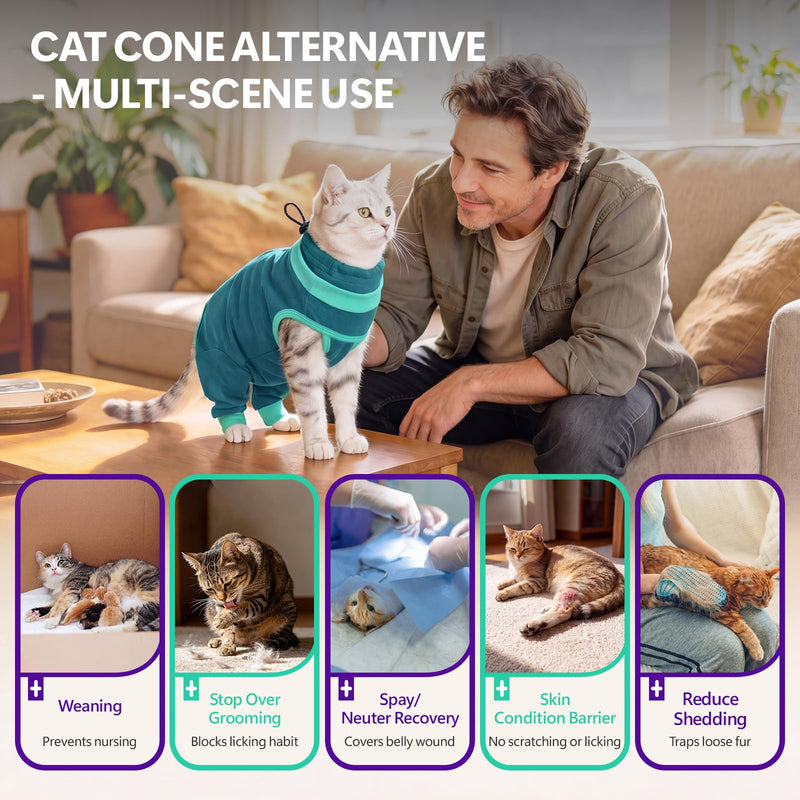 Cat Recovery Suit with Hind Legs, Soft Spay Recovery Suit for Female Cats, Kitten Onesie for Cats After Surgery, Anti-Licking Abdominal & Hind Leg Wound Protector, Cone Alternative - Green L Large
