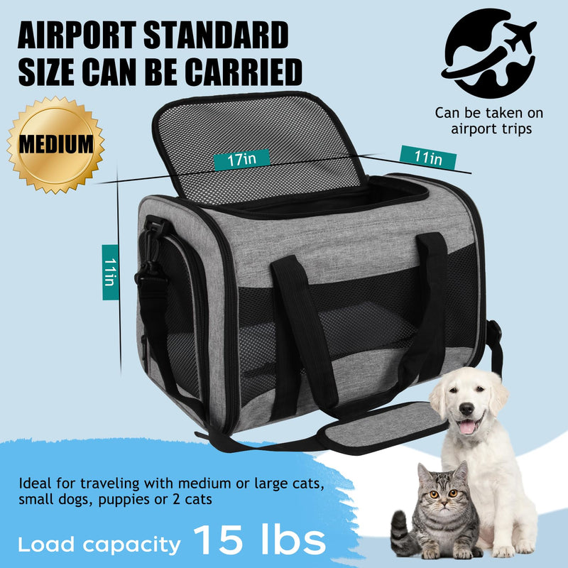 Pet Carrying Case - Dog and Cat Carrier Soft-Sided Bag, Airline Approved for Travel Up to 15 Lbs, Collapsible for Medium and Small Pets (Grey&Black, 17 * 11 * 11) grey&black 17*11*11 - PawsPlanet Australia