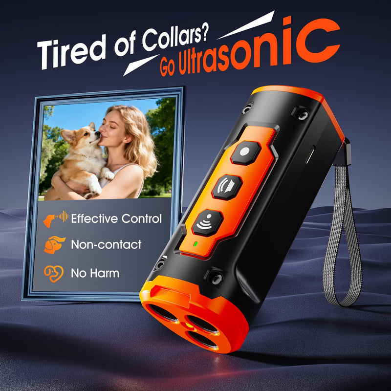 1-Touch Dog Bark Deterrent Devices with 3 Sonic Heads,Portable 50ft Range Anti Barking Device for Dogs,Rechargeable & Safe Dog Training Tool with Flashlight,Helps Improve Dog's Behavior Orange - PawsPlanet Australia