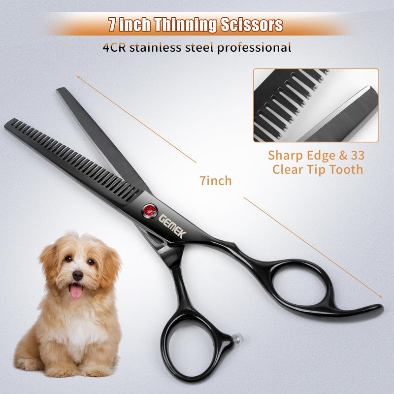 7.0in Titanium Professional Dog Grooming Scissors Set, GEMEK 6 in 1 Straight & Thinning & Upwards Curved & Downwards Curved Scissors & Comb for Dogs, Cats and Other Animals Black 7inch - PawsPlanet Australia
