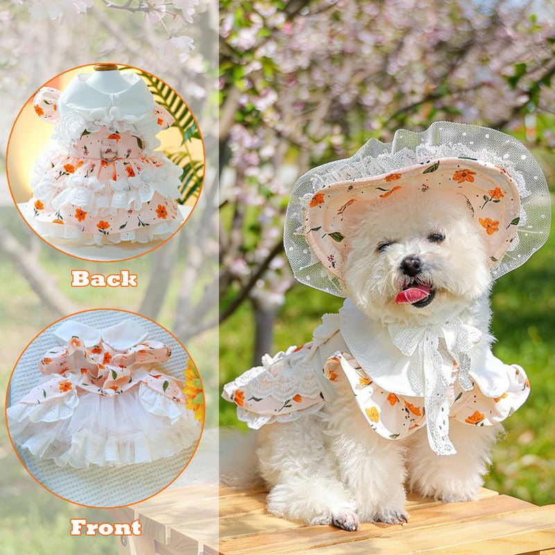 2 Pcs Pet Floral Dress and Lace Sunhat, Summer Skirt with Laces for Dog, Cute Bowknot Dresses for Cat, for Birthday Party and Outdoor Travel (Orange, Medium) Orange Small