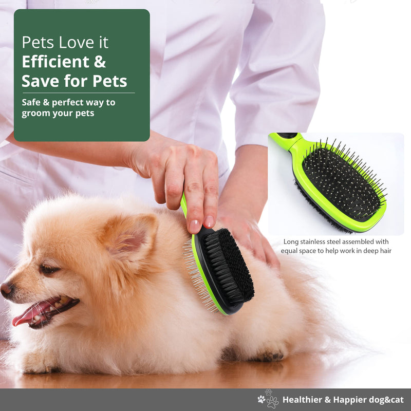 Double Sided Dog Brush, Grooming Brush with Rounded Pins & Bristles, Dog Brushes for Grooming with Anti Slip Handle & Free Cleaning Tool.