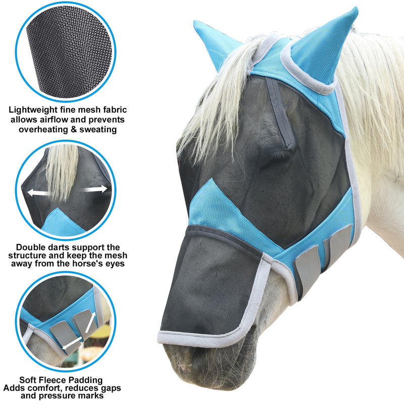 Horse Fly Mask with Ears & Long Nose Cover | Forelock Opening for Tangle-Free Mane Care | UV Protection & Breathable Mesh | No Rub Fit and Enhanced Visbility for Trail Riding Paleblue Cob Pale Blue