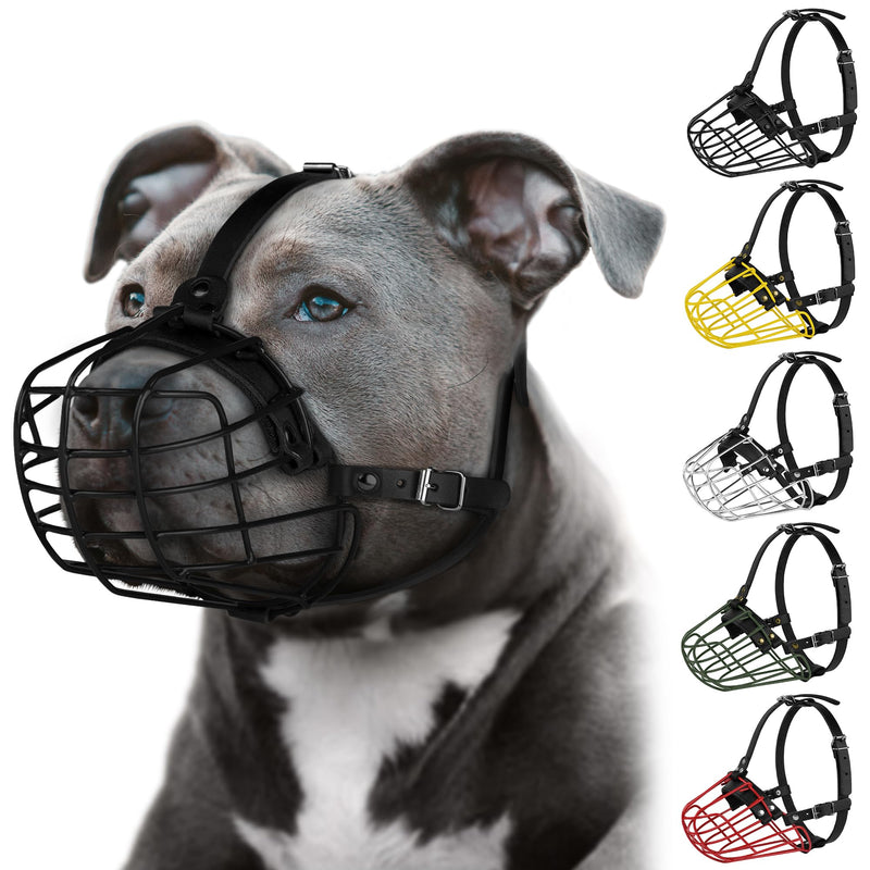 Pitbull Dog Muzzle Metal Mask Amstaff Secure Wire Basket Adjustable Durable Leather Straps for Large Dogs (Black) Black - PawsPlanet Australia
