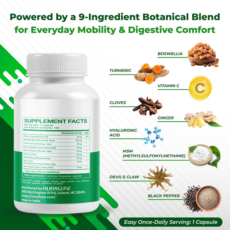 Boswellia with Cloves, Ginger, Turmeric, Vitamin C, Hyaluronic Acid, MSM, Devil's Claw – Supports Joint Health, Digestive Wellness* & Nutrient Absorption* 150 count (pack of 1) - PawsPlanet Australia