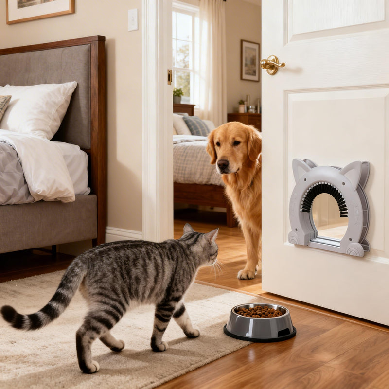 Stainless Steel Large Pet Cat Pass with Grooming Brush for White Cats - Interior Door with Needle