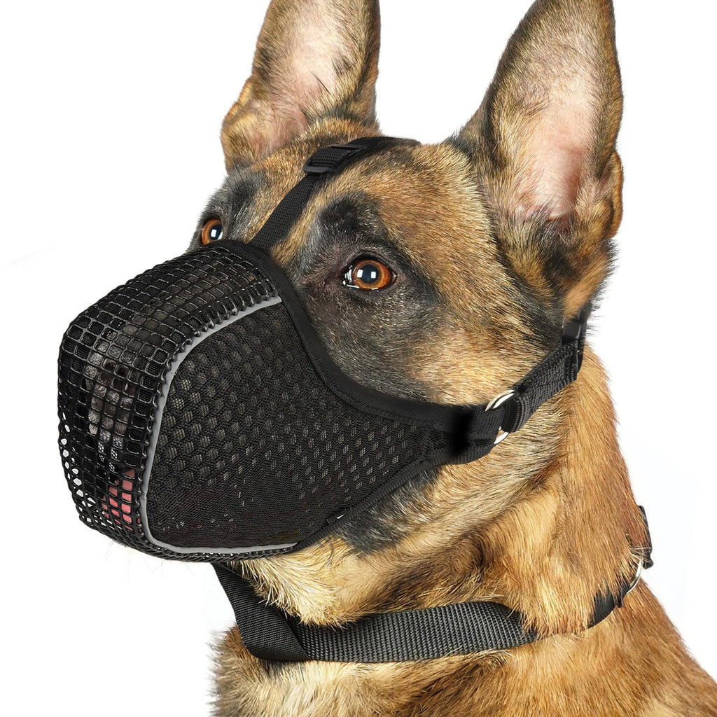 Mayerzon Dog Muzzle, Mesh Muzzle for Small Medium Large Dogs, Reflective Muzzle for Nighttime Walks, Soft Fully Closed Muzzle Anti Biting Scavenging Chewing, Allows Dogs to Pant and Drink Black L [Snout Cir: 10.75"-12"]