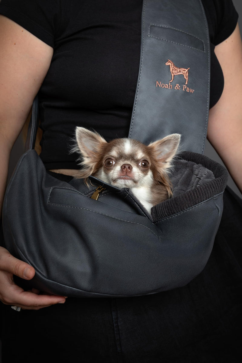 Noah & Paw Dog Sling Carrier for Small Dogs 3-10lb, Dog Sling for Small Dogs and Cats, Dog Carrier with Adjustable Padded Strap, Vegan Leather Lined with Fur, 3x Safety Features, Machine Washable Charcoal 38 cm L x 15 cm W x 14 cm H