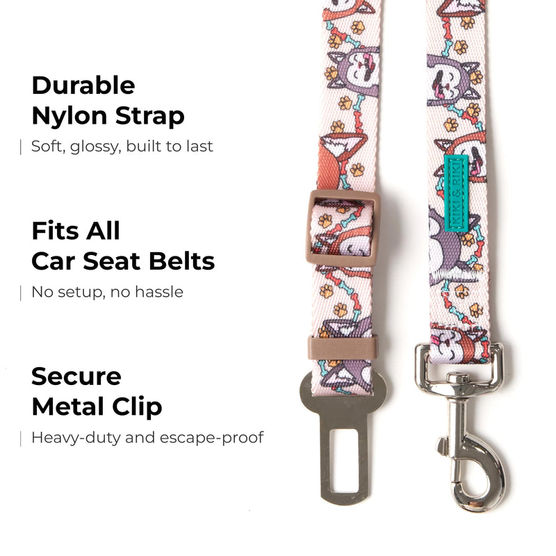 KIKI & RIKI Dog Car Seat Belt, Adjustable 14–24 in (36–61 cm), Premium Nylon Safety Tether, Universal Buckle Clip, Durable Vehicle Restraint Strap, Beige (Funny Pups) Beige (Funny Pups) - PawsPlanet Australia