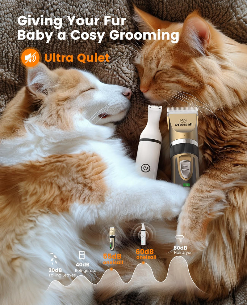 oneisall Dog Clippers and Paw Trimmer Kit 2 in 1 Low Noise Cordless Dog Clippers for Grooming Pet Hair Trimmers for Small and Large Dogs Cats Animals Gold - PawsPlanet Australia