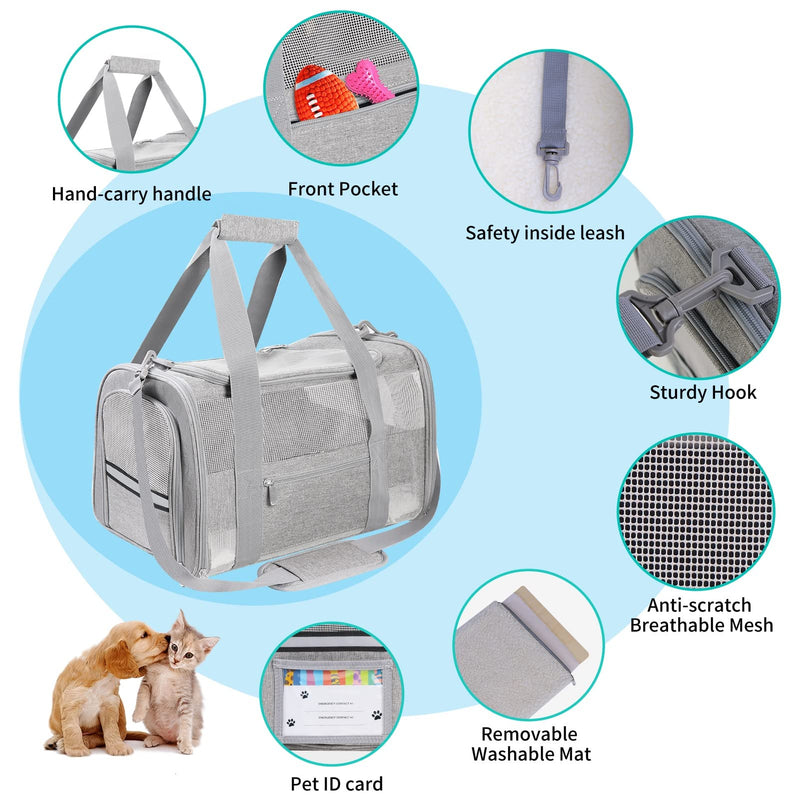 Soft Sided Cat Carrier for Small Cats Puppies up to 15 Lbs, Airline Approved Pet Carrier Collapsible Travel Puppy Carrier with Reflective Strip, Grey - PawsPlanet Australia