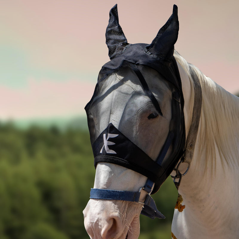 XE Horse Fly Mask with Ears –Breathable Mesh Horse Mask for UV Protection and Equine Fly, Standard Equestrian Black Horse Fly Mask (Cob, M)