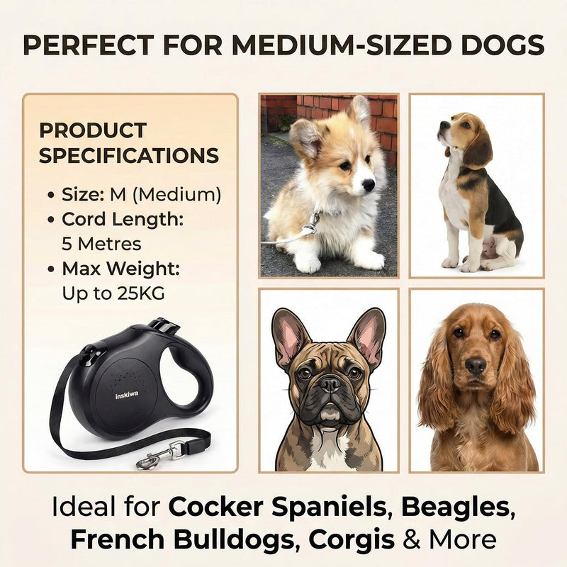 Retractable Dog Lead, 5m/16FT Extendable Dog Lead, 360° Tangle-Free, One-Handed Brake & Lock, Non-Slip Soft Grip Handle for Small & Medium Dogs, Max 25kg, inskiwa (Black) Black