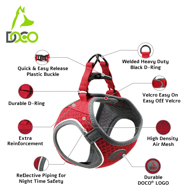 DOCO Athletica Small Dog Quick FIT Mesh Harness │ 2 Leash Clips, Heavy Duty No Choke Vest, Lightweight Reflective (Dogs and Puppies Under 30 lbs) Medium (Chest: 16-17") Red - PawsPlanet Australia