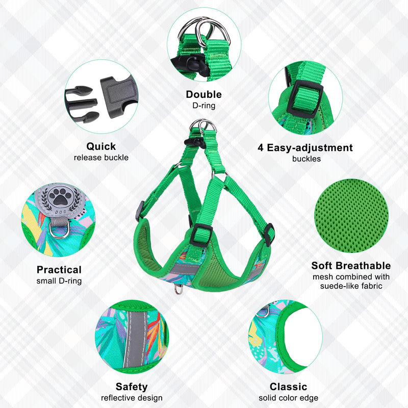 BEAUTYZOO Step in Dog Harness Collar and Leash Set for Small Medium Large Dogs, No Pull No Choke Puppy Harness, Soft Mesh Reflective Pet Padded Vest Adjustable for Doggie Girl or Boy,French Bulldog L (Chest 20"-25", Collar 14"-20") Green Leaves - PawsPlanet Australia
