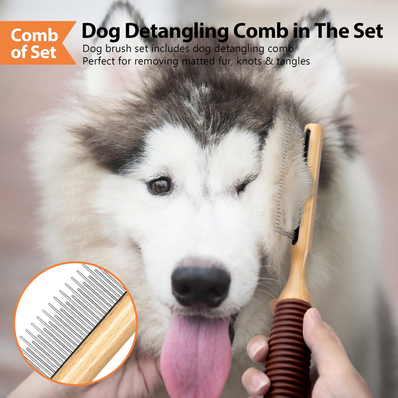 Dog Brush for Long Haired Dogs, 27mm Extra Long Metal Pin Dog Deshedding Brush and Comb Set, Short Haired Shedding Grooming Detail Pets Brush Set with Rubber Handle Set-3 Pcs - PawsPlanet Australia