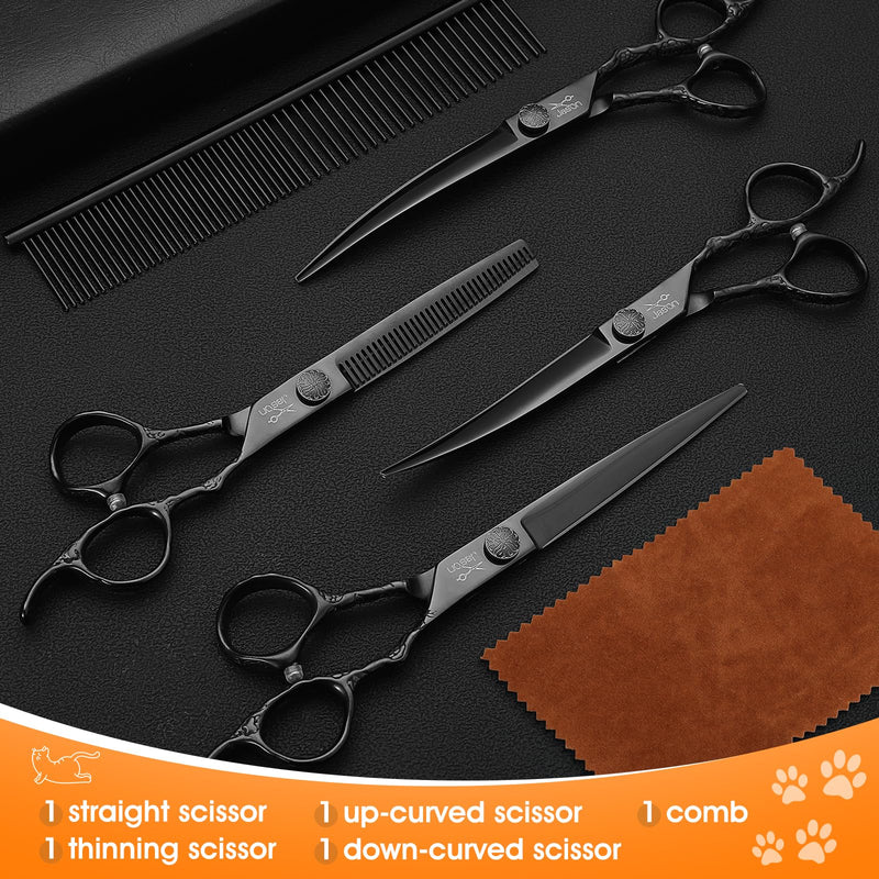 JASON Professional Dog Grooming Scissors Set - 6 in 1 Dog Shears Kit with 6.5" Thinning, 7" Straight, 7" Up-Curved, 7" Down-Curved Shears and Comb for Cat, Pet with Adjustable Screw (Black) Black
