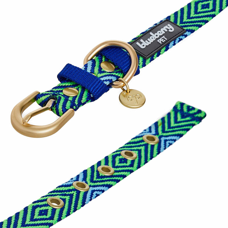 Blueberry Pet Southwestern Tribal Lozenges Stylish Green Adjustable Dog Collar with Metal Buckle, Neck 9-12.5", for Small Breed