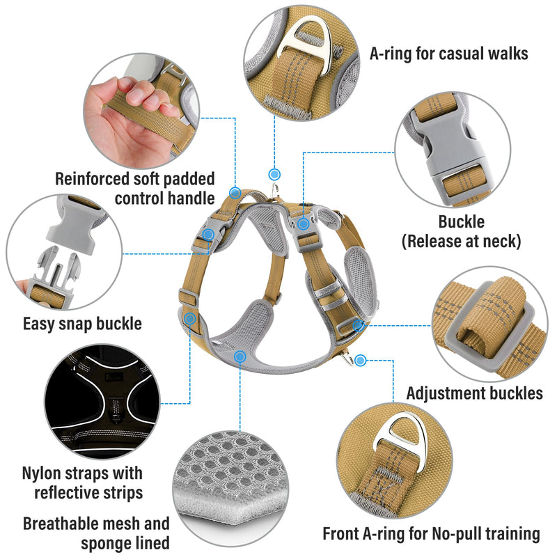 Plutus Pet No Pull Dog Harness, Release at Neck, Reflective Adjustable Dog Vest Harness, Easy Control Handle for Walking, for Small Medium Large Dogs, Khaki, XL X-Large - PawsPlanet Australia