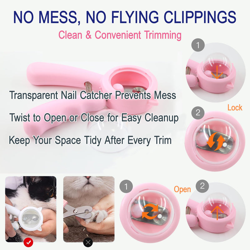 Kitten Nail Clippers Set – 3mm Safety Hole, Splash-Free Nail Trimmer for Tiny Paws, Stress-Free Grooming, Includes Nail File, Cleaning Brush, Cotton Swabs, and Zipper Bag Pink - PawsPlanet Australia