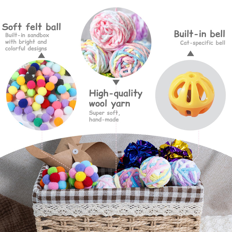 Cat Toys Balls 12Pcs Yarn Cat Balls with Bells Inside, Interactive Kitten Chew Toys for Indoor Kittens Kitty,Muticolor, Crinkle Toys Set，1.7 inches - PawsPlanet Australia