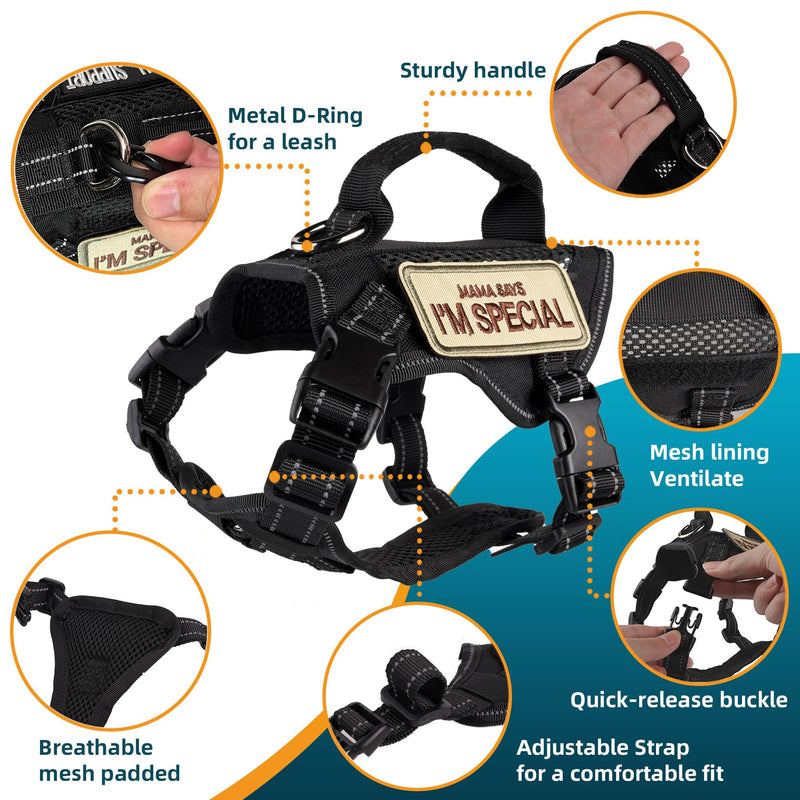 Tactical Cat Harness Black for Walking Esacpe Proof,Adjustable Soft Mesh Large Cat Vest with Rubber Handle Easy to Control,Molle Patches L