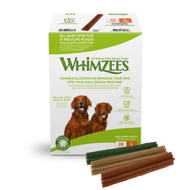 WHIMZEES Stix Natural Grain Free Dental Care Snacks (30 Pack) Large & Toothbrush Natural Grain Free Dental Care Snacks Chew Sticks for Large Dogs Monthly Pack (30 Pack) Large