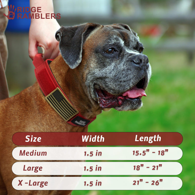 Advanced Red Tactical Dog Collar with Handle - Heavy Duty, Thick Dog Collar Made with Lightweight Metal Hardware and Ultra-soft Neoprene Padding - Military Dog Collar for Medium, Large, X-large Breeds XL (1.5in x 21.0in - 26.0in) Fire Brick Red - PawsPlanet Australia