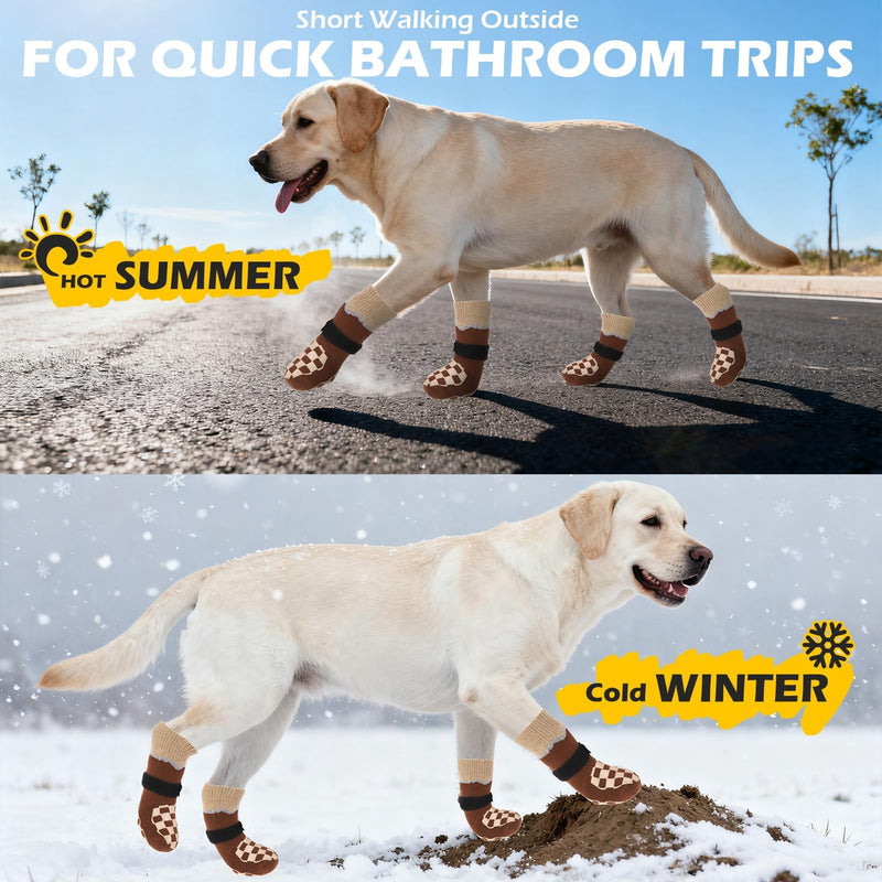 EXPAWLORER Dog Socks to Prevent Licking Paws with Grippers for Hardwood Floors Anti Slip, Reflective Dog Cold Winter Shoes Booties Boots & Paw Protectors with for Small Medium Large Senior Dogs L Brown