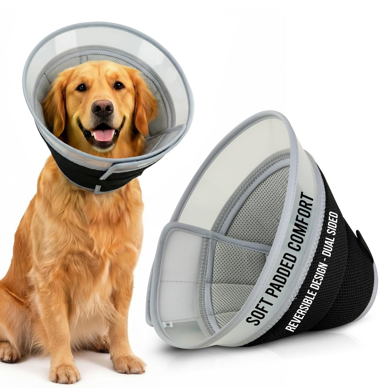 Premier Web Products Soft Dog Cone Collar To Stop Licking - Large Dog Cone, Adjustable and Reversible Design, Non-Woven Breathable Fabric, Elizabethan Recovery Collar after Surgery for Cat, Black