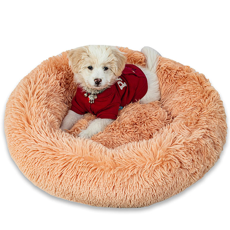 Calming Dog Bed for Small Dogs Cats, Kitty Puppy 23'' Round Anti-Anxiety Warm Fluffy Plush Faux Fur Bed, Soft Anti-Slip Donut Washable Small Pet Bed, Cozy Cat Puppy Bed, Fits up to 30 lbs Pets S (23.5x23.5x6.5) Solid Color Khaki - PawsPlanet Australia