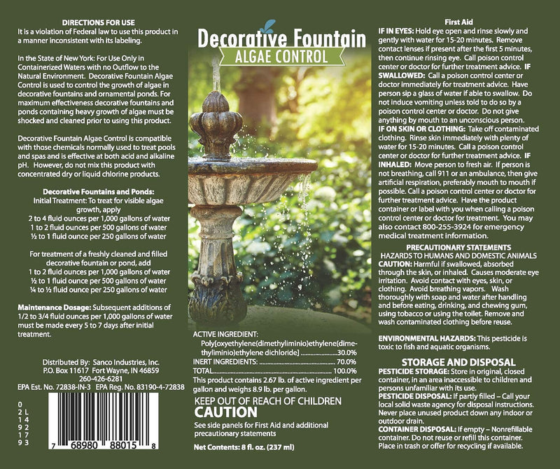 Fountain Algaecide and Clarifier - 8oz - Kills and Inhibits All Types of Algae Growth, Formulated for Small Ponds and Water Features, Treats up to 8,000 Gallons 8 Fl Oz (Pack of 1) - PawsPlanet Australia