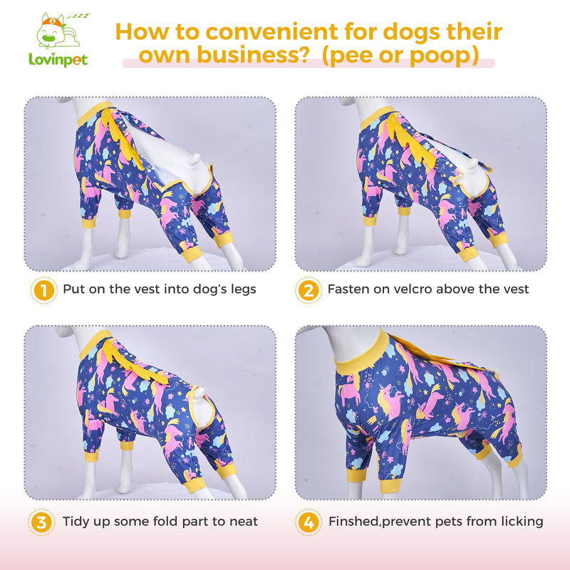 LovinPet Dog Recovery Suit for Large Medium Dogs - Recover Comfortably Well Protection Pet Onesie Dog Shedding Suit Pet Pajamas Dog Anti Licking Snugly Suit,Dog Recovery Suit Male,Unicorn,Yellow,XL XL Yellow collar/Purple - PawsPlanet Australia