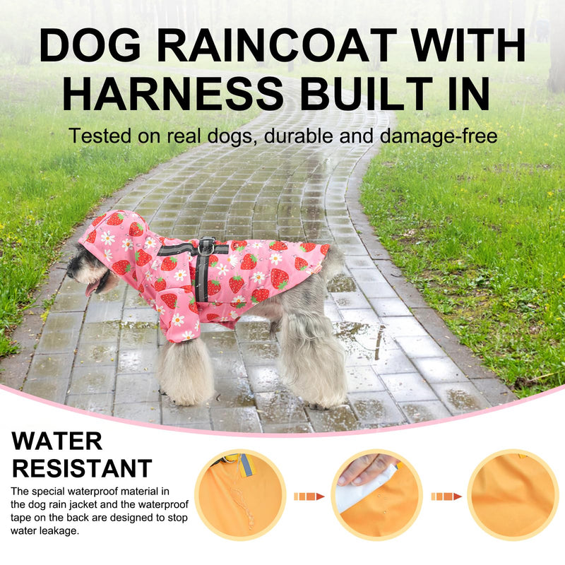 BEAUTYZOO Dog Raincoat Hooded with Harness Built-in for Small Medium Large Dogs Girls Boys, Dog Rain Jacket Slicker Poncho, Waterproof Dog Rain Coat Clothes for Winter Rainy Snowy Days, Pink S S(Back 13.2", Chest 18.5", Neck 13.9") Strawberry Pink