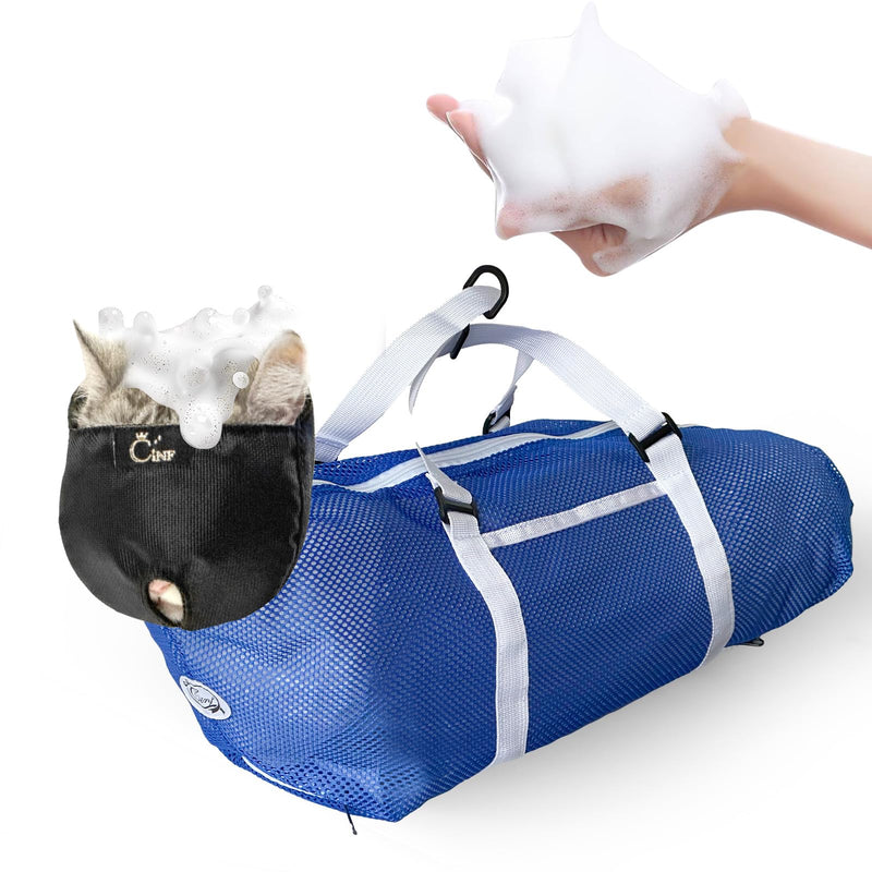 Cinf Cat Bathing Bag(Free Muzzle) Breathable Mesh Anti Scratch Adjustable Cat Grooming Bag for Nail Trimming, Bathing Soft Cat Washing Bag(Blue) M M-Drama Cat Blue