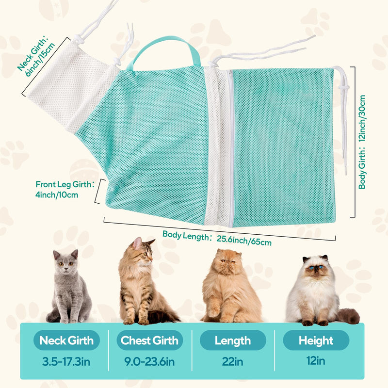 Cat Bag for Bath Adjustable Breathable Mesh Pet Restraint Bag for Bath Nail Trim Medicine and Vet Visits Escape Proof Wash Bag Green Blue - PawsPlanet Australia