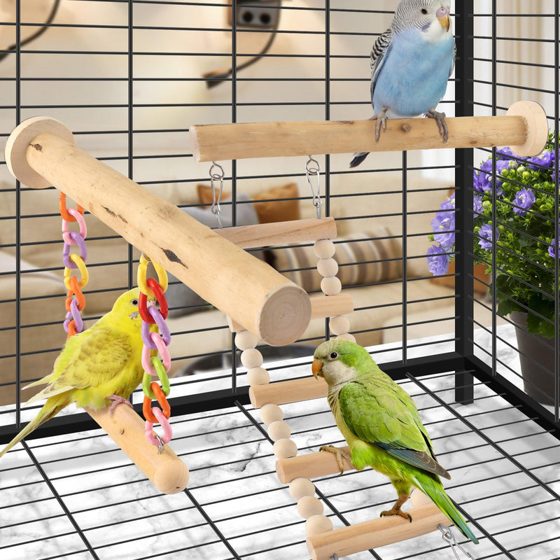 Bird Perches Ladder with Swing, Natural Wood Parrot Climbing Bridge Perch Toys, Exercise Play Stand Parakeet Cage Accessories for Budgie Cockatiel Green-Cheeked Conure Caique 4 in 1