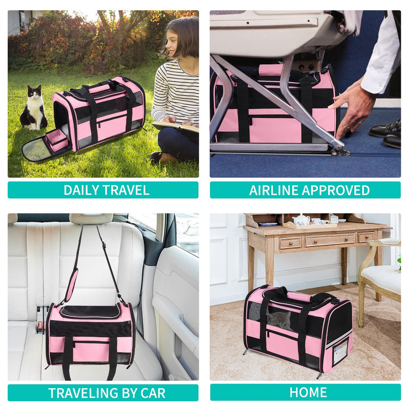 Cat Carrier Pet Carrier Airline Approved for Small Dogs Medium Cats Puppies 15 Lbs Dog Carrier with Reflective Strip, Collapsible Soft Sided Cat Travel Carriers - Pink 17” L x 11” W x 11” H - PawsPlanet Australia