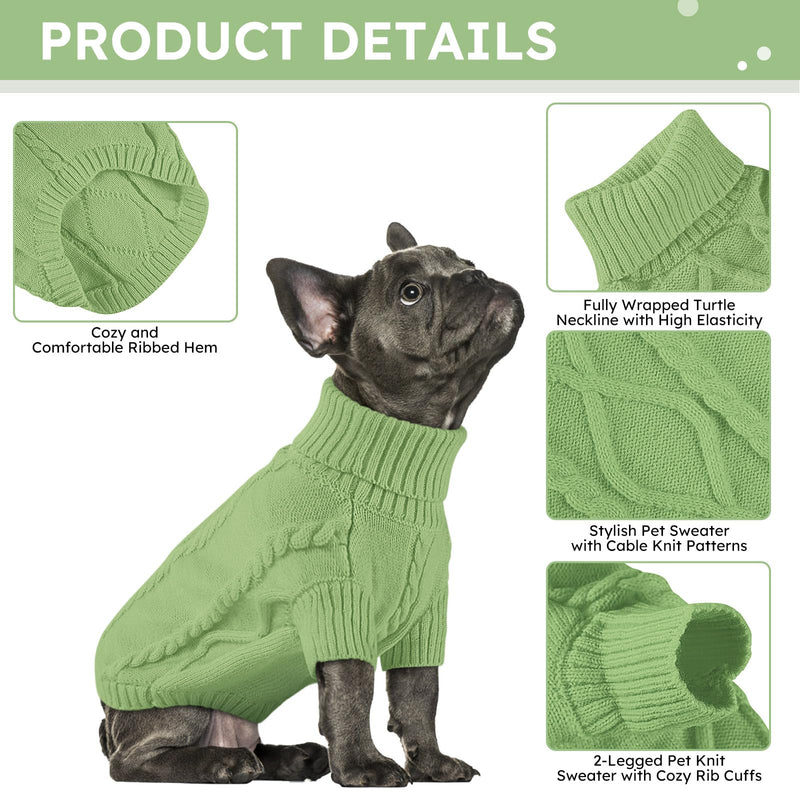 Queenmore Small Dog Pullover Sweater, Cold Weather Cable Knitwear, Classic Turtleneck Thick Warm Clothes for Chihuahua, Bulldog, Dachshund, Pug, Yorkie (Green, Medium) Green