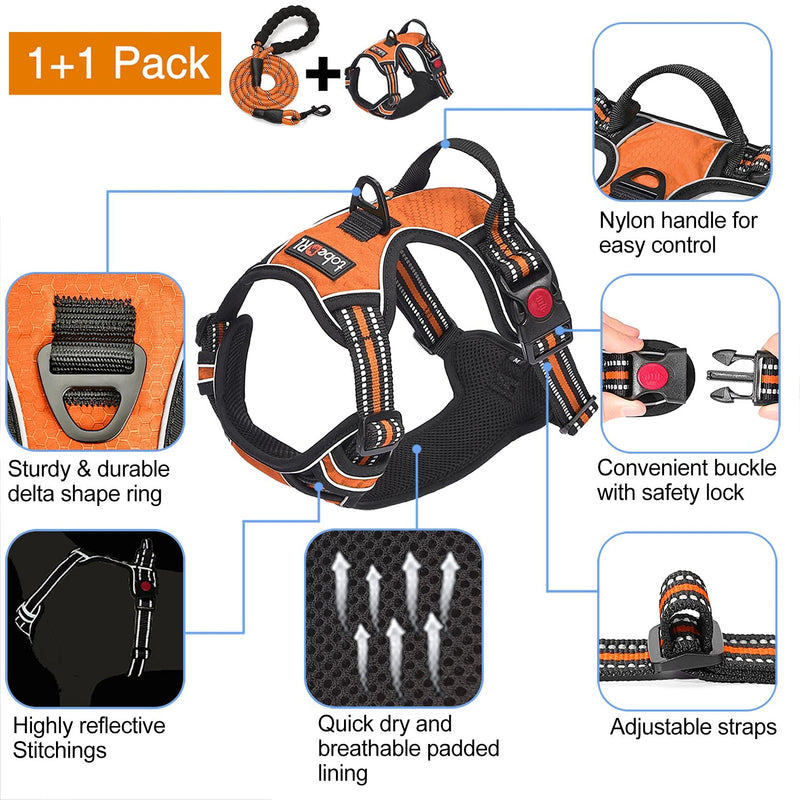 No Pull Dog Harness Adjustable Reflective Oxford Easy Control Medium Large Dog Harness with A Free Heavy Duty 5ft Dog Leash X-Large Orange Harness+Leash