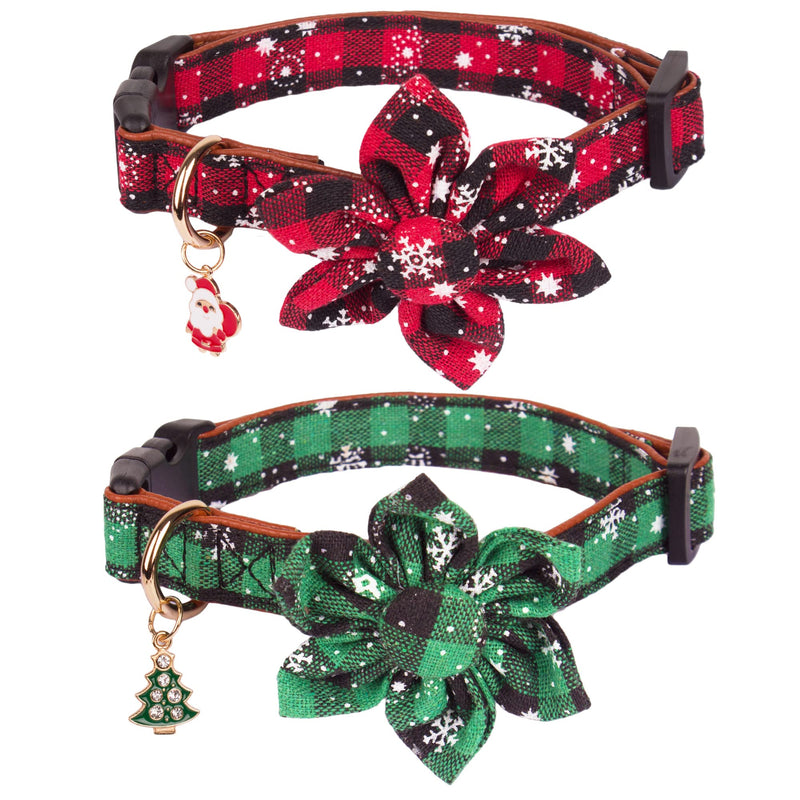 ADOGGYGO Christmas Dog Collar with Removable Flower, Classic Buffalo Plaid Snowflake Pet Xmas Collar, Adjustable Red Green Christmas Collars for Large Dogs (Large) Floral - PawsPlanet Australia