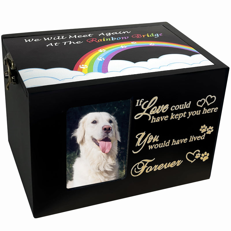 Sofunii Pet Urn for Dog or Cats Ashes,Wooden Funeral Cremation Memorial Box with Photo Frame,Rainbow Bridge Keepsake with Black Flannel as Lining,Loss Pet Memorial Remembrance - M